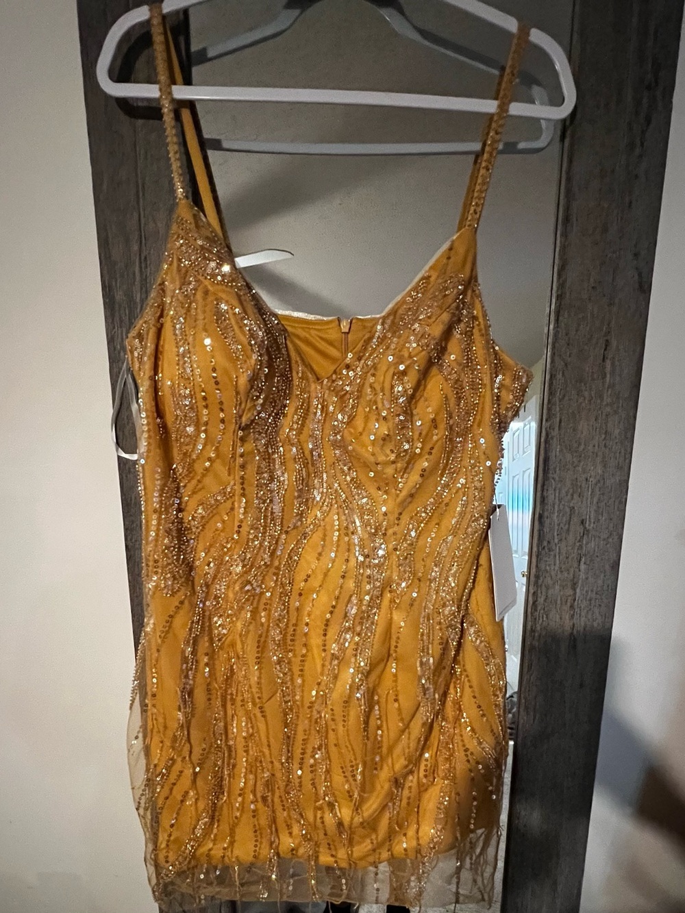 Sequin-Embellished goldMini Dress with Spaghetti Straps